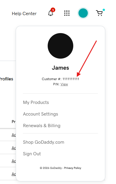Customer ID у меню профілю облікового запису GoDaddy